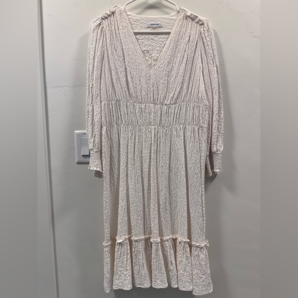 Calvin Klein Cream Textured Long Sleeve Dress